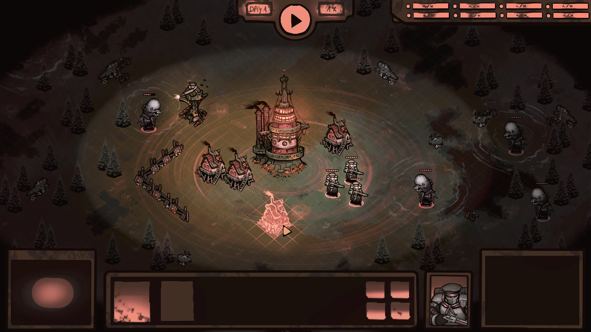 A game-screen proposal tested colour, atmosphere, interface and the scale of units together.